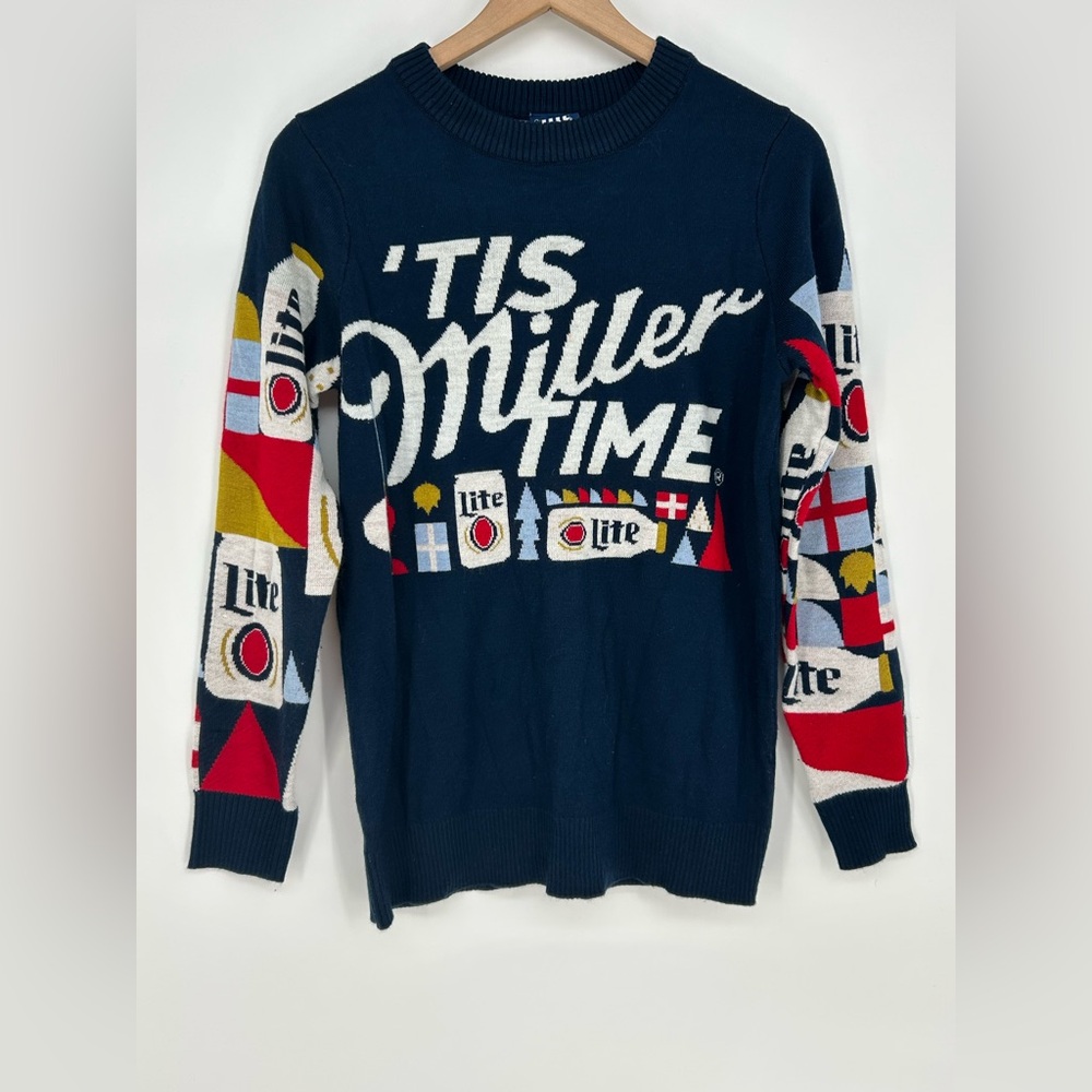 Miller‎ Lite Unisex Holiday Christmas Sweater Navy Blue ‘Tis Miller Time -Small